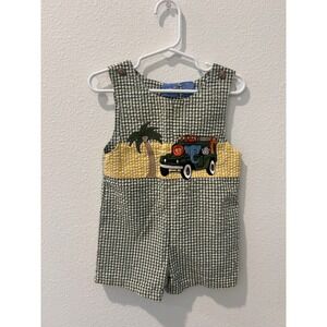 Baby Crew Boys Green Gingham Safari Jeep Elephant Romper Shortall 18M